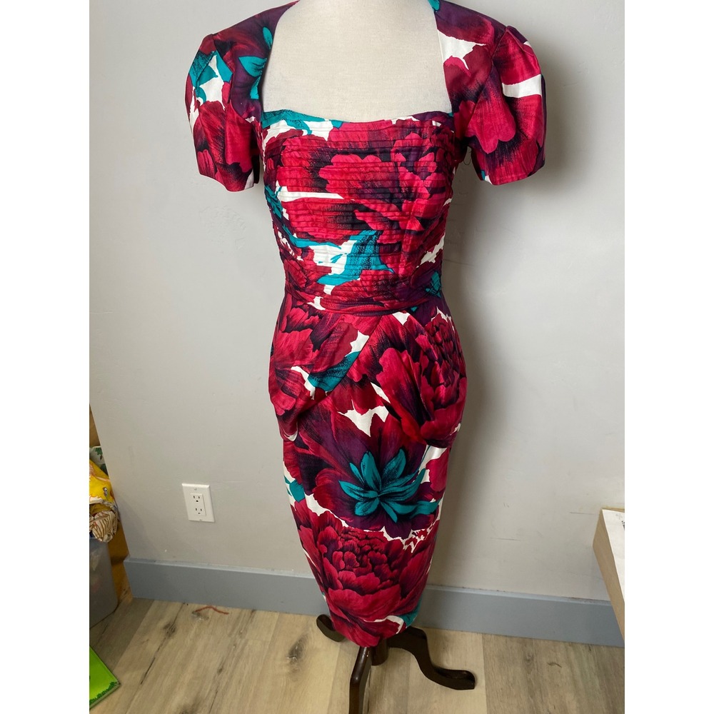Vintage 90s BB Collections Floral Puff Sleeve Cutout Back Sheath Dress Pink 10